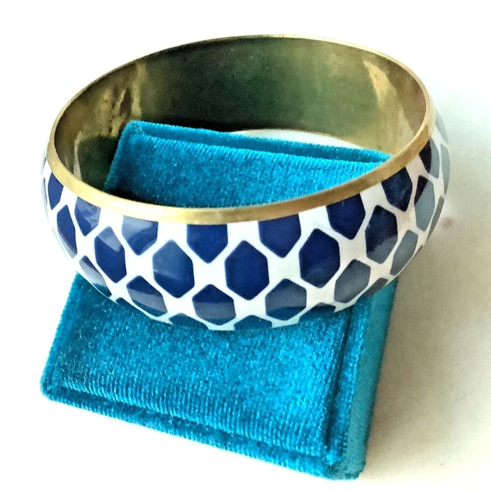 Vintage Enamel Bangle Brass Blue White Wide Bracelet Bohemian Jewelry MCM